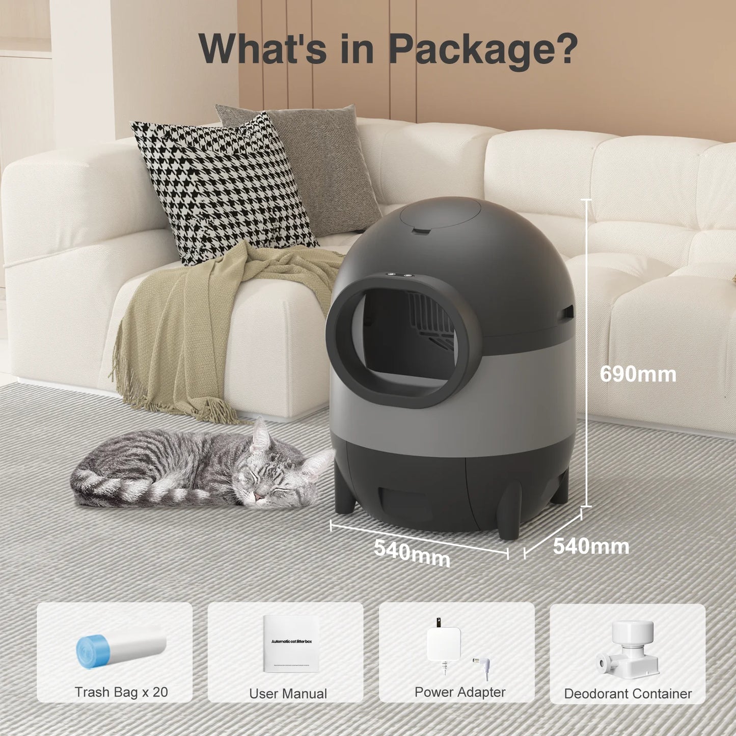 Self-Cleaning Cat Litter Box, Automatic Cat Litter Box 2.4G Wifi with APP Control, Extra Large Capacity for Multiple Cats, Cat Litter Box Self Cleaning, Black
