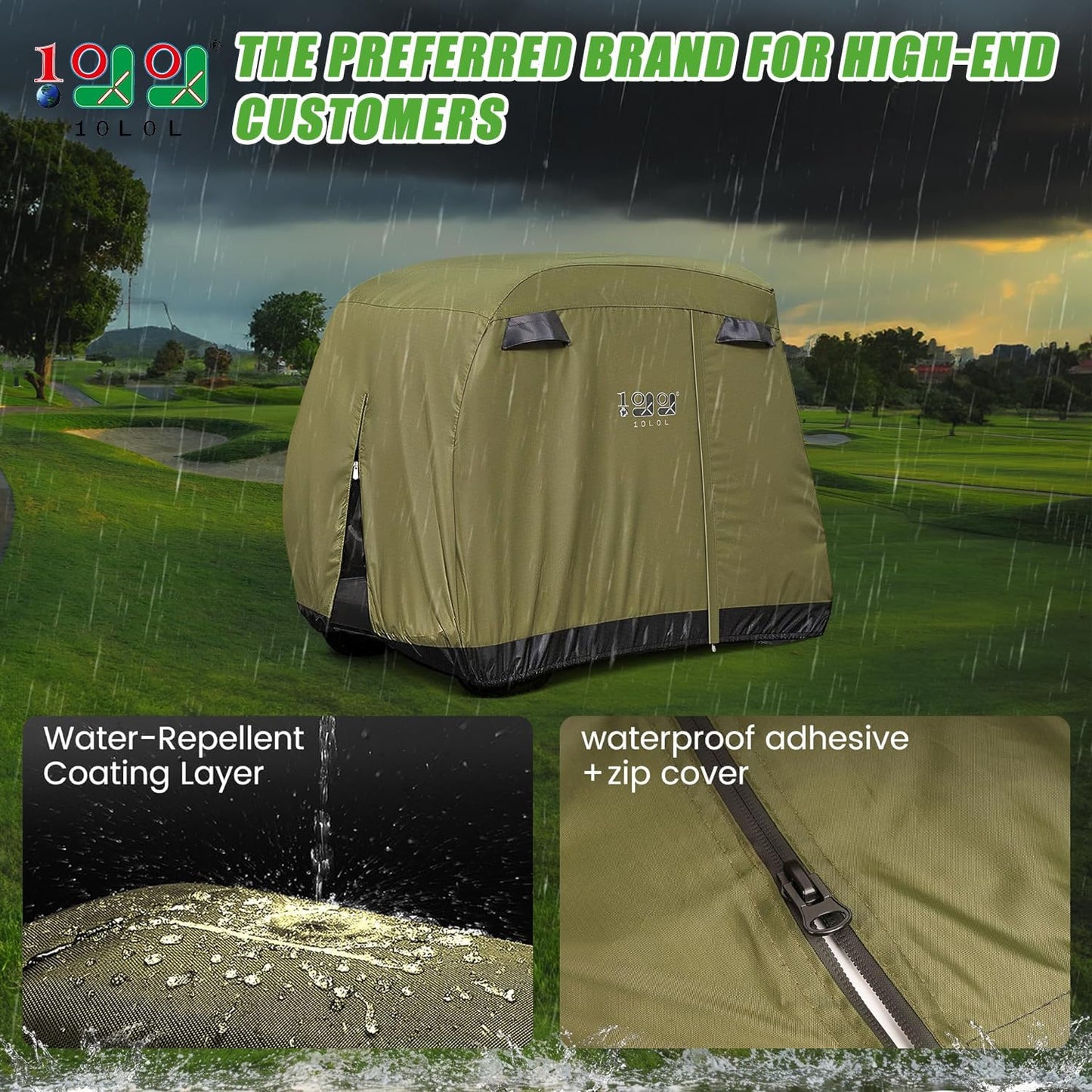 4 Passenger Golf Cart Cover Fits EZGO, Club Car, Yamaha, 400D Waterproof Windproof Sunproof Outdoor All-Weather Polyester Full Cover with Three Zipper Doors - Black/Army Green/Sliver/Camouflage