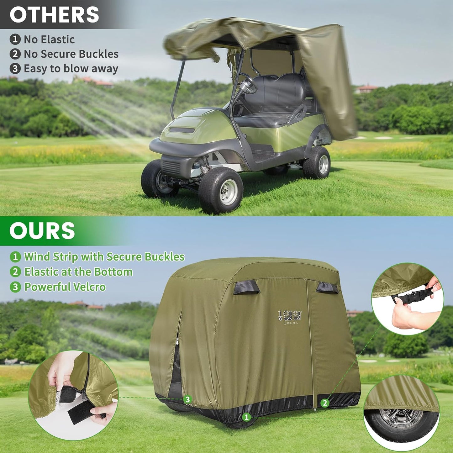 4 Passenger Golf Cart Cover Fits EZGO, Club Car, Yamaha, 400D Waterproof Windproof Sunproof Outdoor All-Weather Polyester Full Cover with Three Zipper Doors - Black/Army Green/Sliver/Camouflage