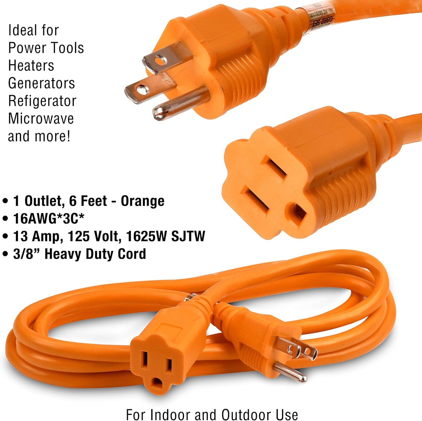 Heavy Duty Extension Cord/Wire Power Cable, Indoor/Outdoor, 16/3, Single Outlet, 30 Feet, UL Listed, Black