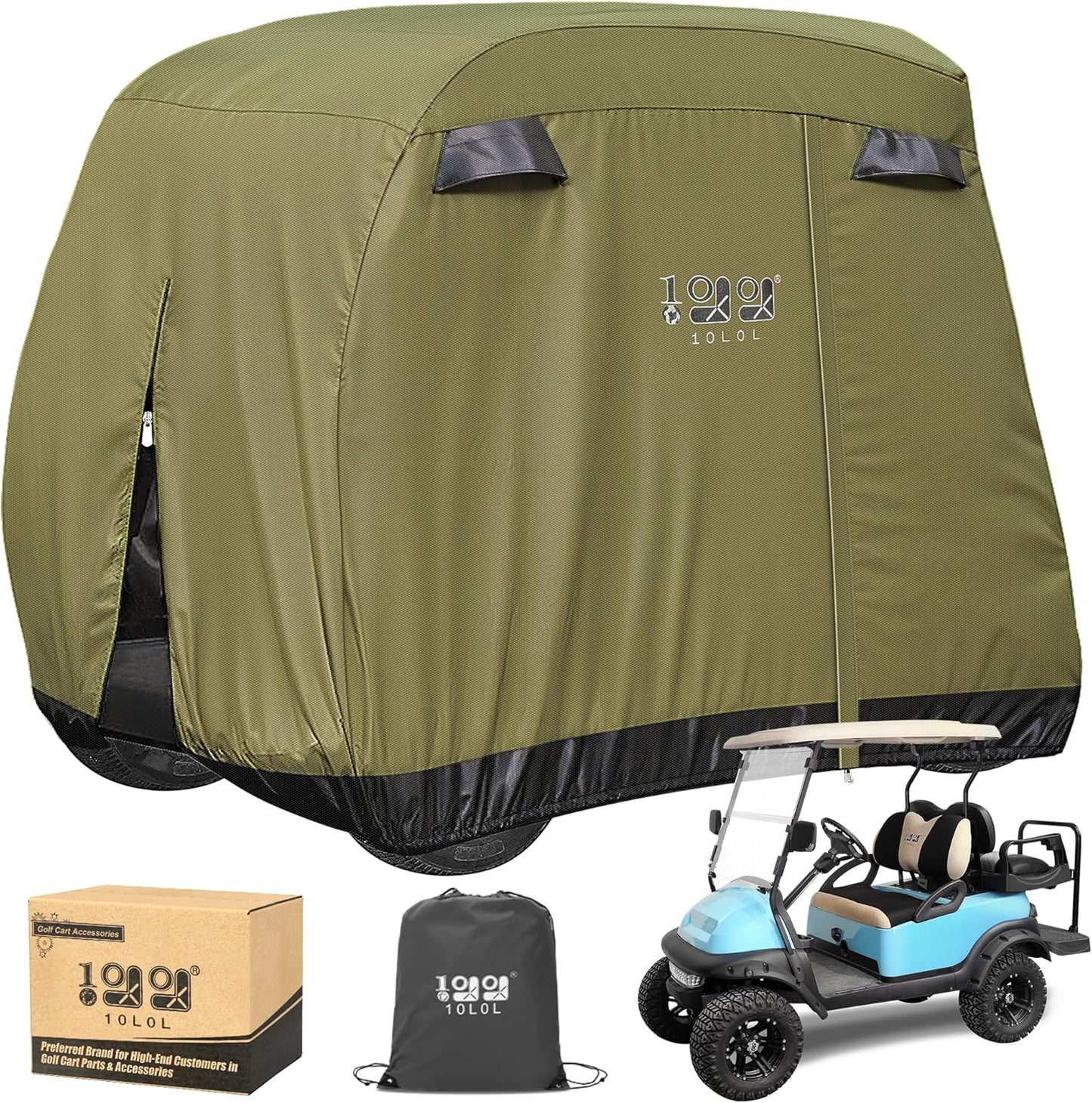 4 Passenger Golf Cart Cover Fits EZGO, Club Car, Yamaha, 400D Waterproof Windproof Sunproof Outdoor All-Weather Polyester Full Cover with Three Zipper Doors - Black/Army Green/Sliver/Camouflage