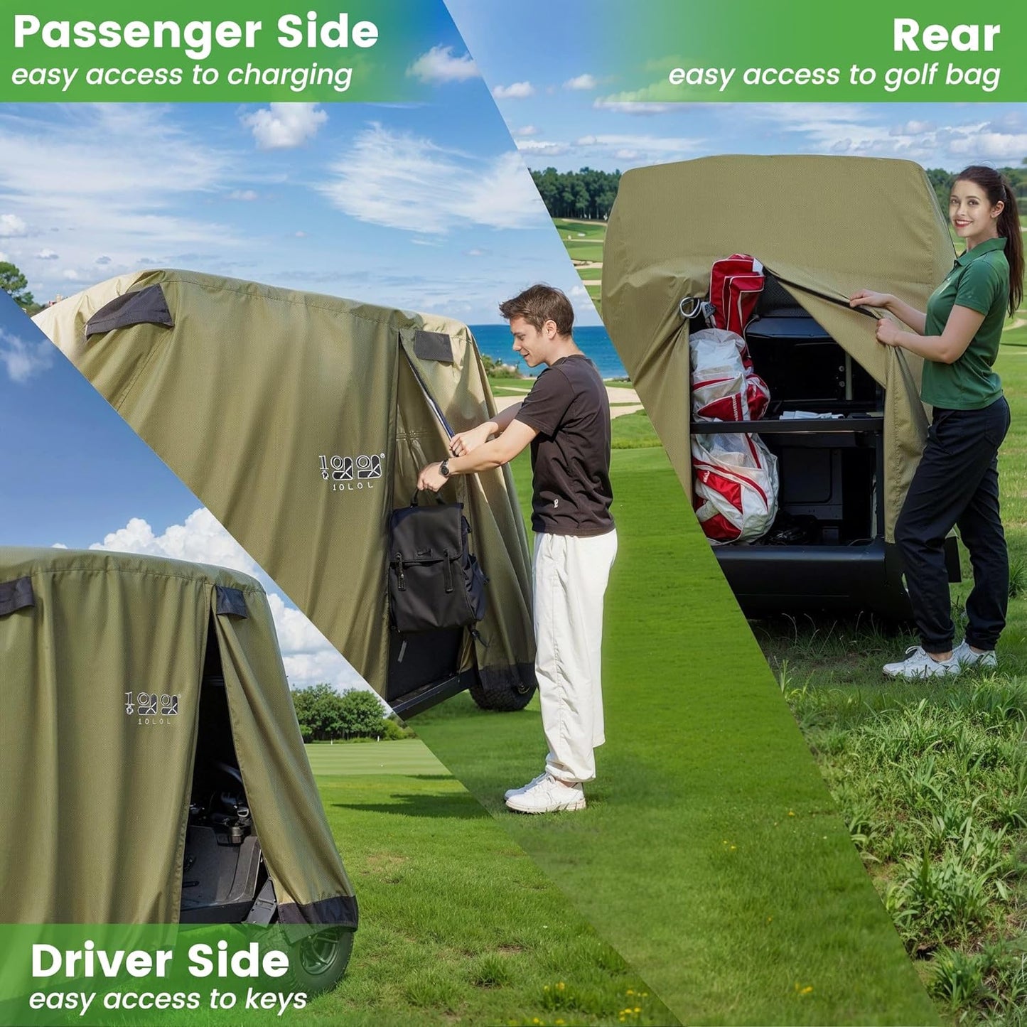 4 Passenger Golf Cart Cover Fits EZGO, Club Car, Yamaha, 400D Waterproof Windproof Sunproof Outdoor All-Weather Polyester Full Cover with Three Zipper Doors - Black/Army Green/Sliver/Camouflage