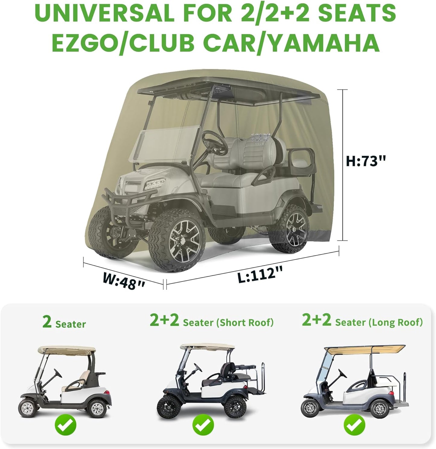4 Passenger Golf Cart Cover Fits EZGO, Club Car, Yamaha, 400D Waterproof Windproof Sunproof Outdoor All-Weather Polyester Full Cover with Three Zipper Doors - Black/Army Green/Sliver/Camouflage